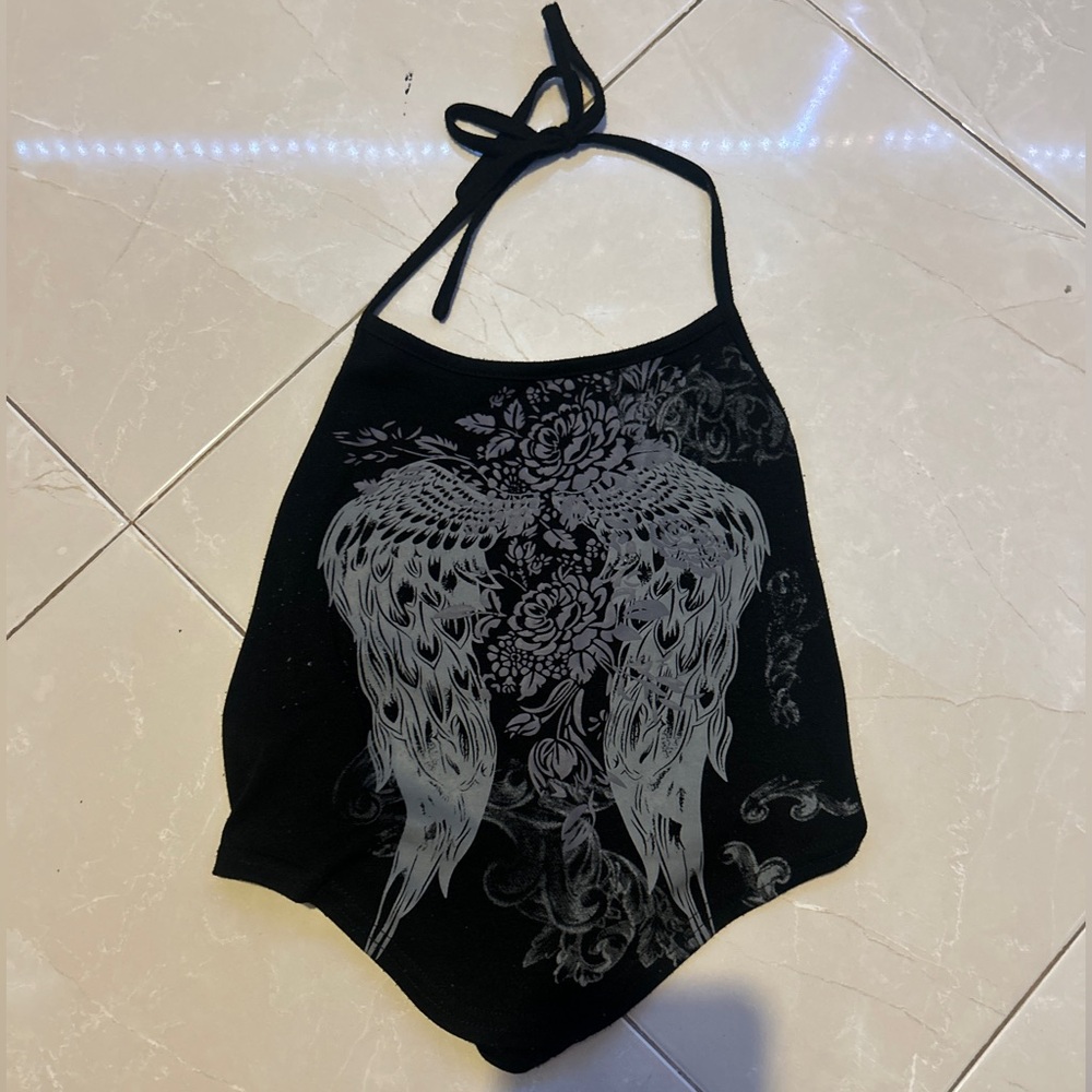 Black Halter Top with Gray Angel Wings Design